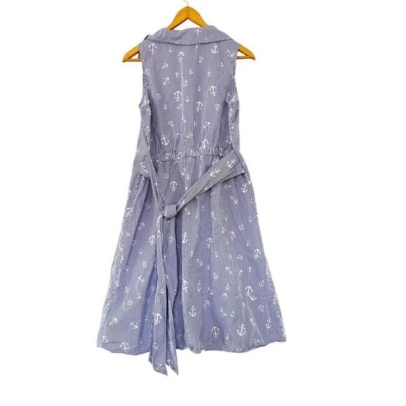 Chloe + Rene Blue White Pinstripe Collared Anchor Motifs Midi Shirtdress Dress - Picture 2 of 10